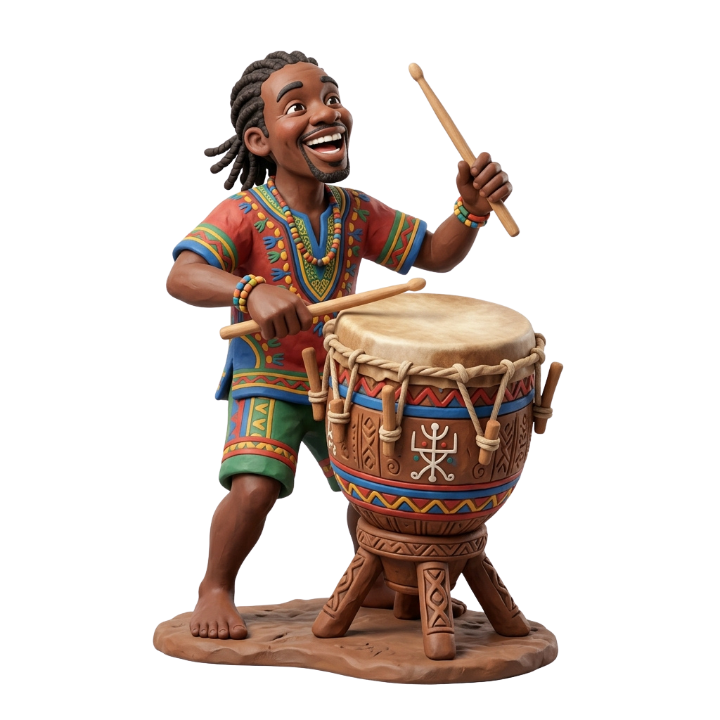 A cheerful cartoon figure playing a decorated hand drum with drumsticks, wearing colorful traditional attire and bracelets.