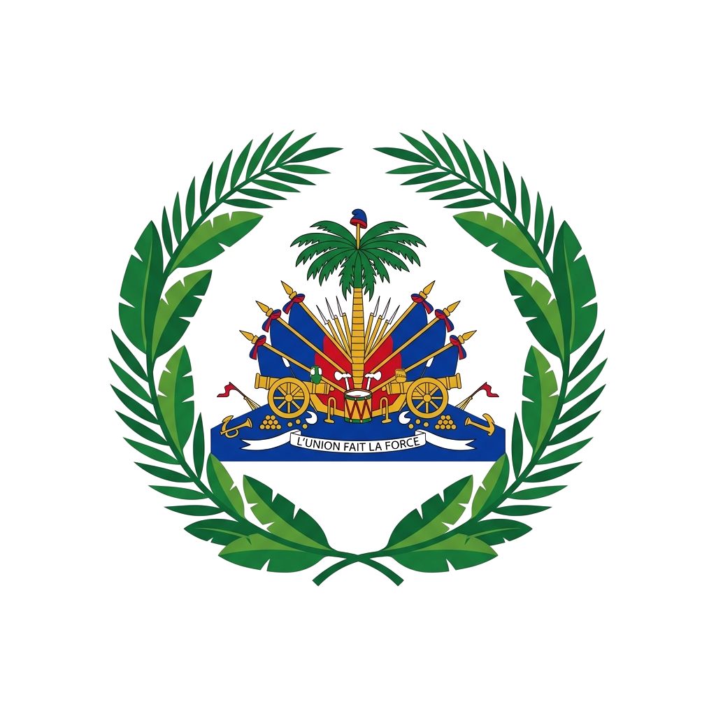 Coat of arms featuring a laurel wreath surrounding a central emblem with a palm tree, shield, and various symbols