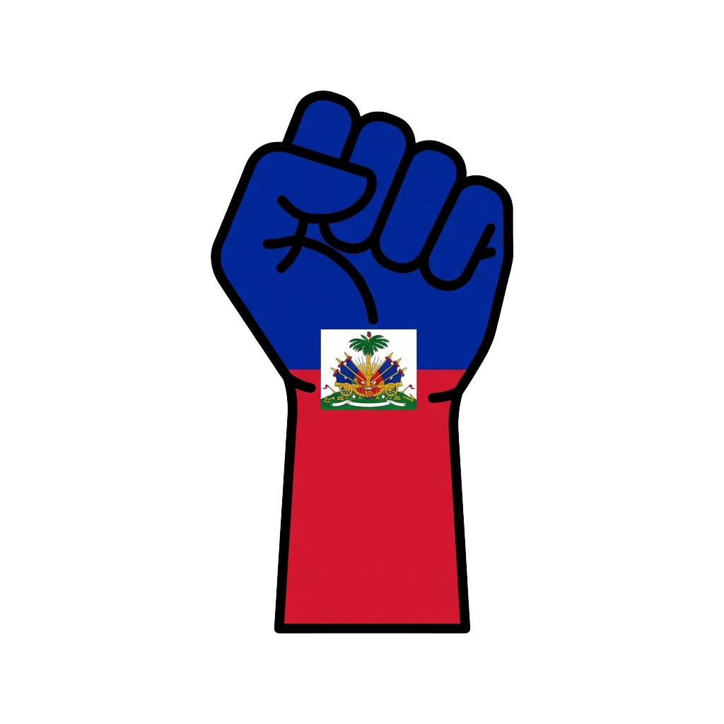 A raised blue fist with the Haitian flag emblem on a red sleeve