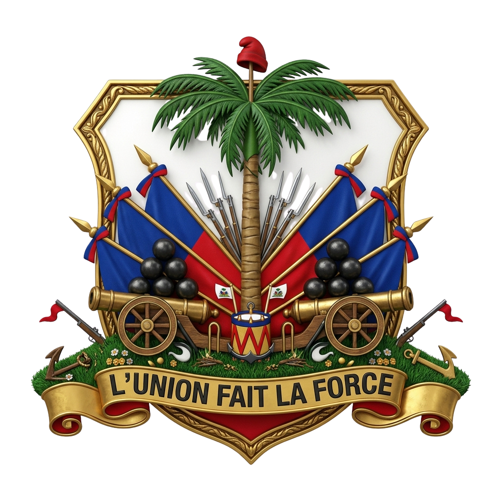 Haitian coat of arms featuring a palm tree, crossed flags, cannons, and the motto L'Union Fait La Force