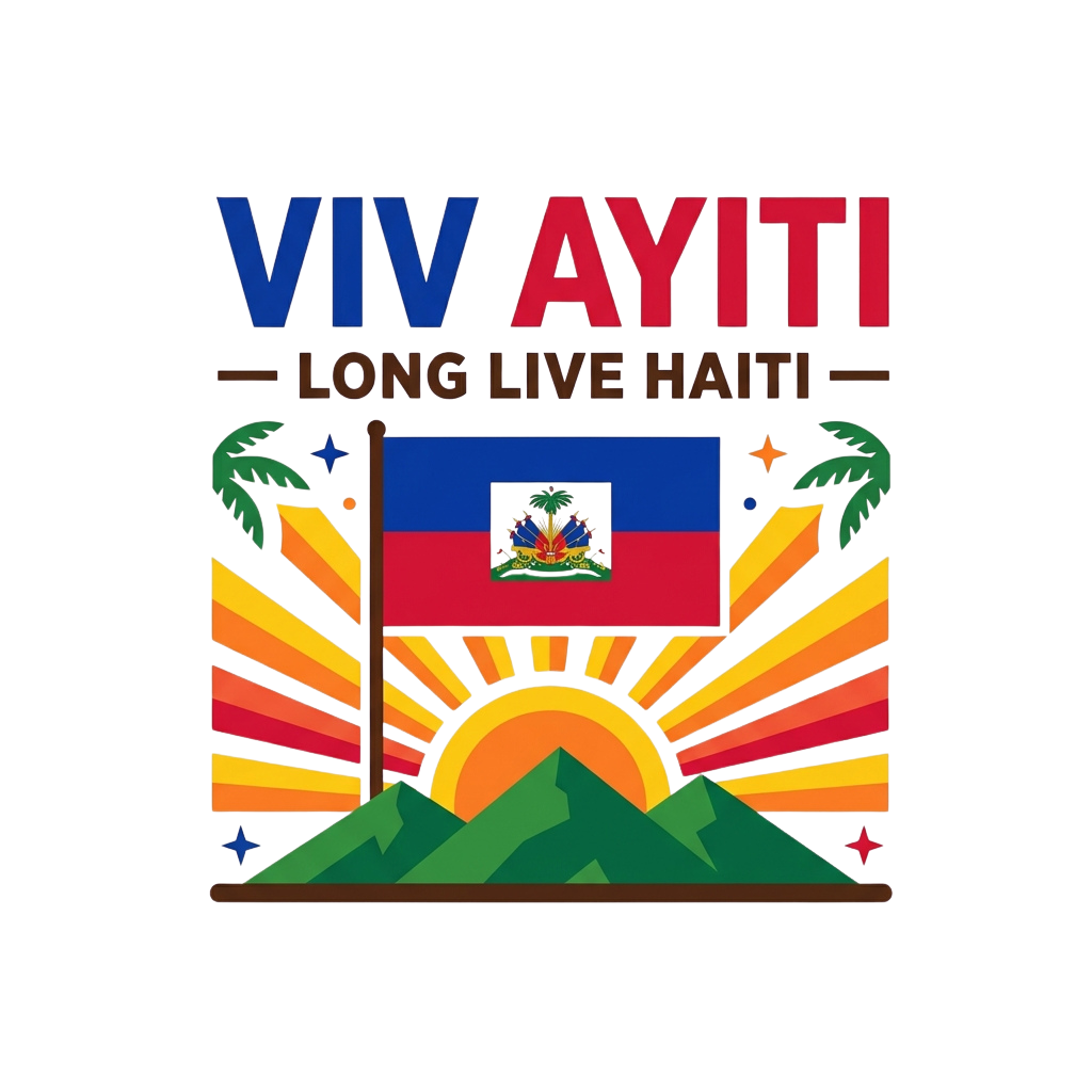 Vibrant graphic featuring the Haitian flag with a sunrise, mountains, and palm trees, text reading Viv Ayiti Long Live Haiti