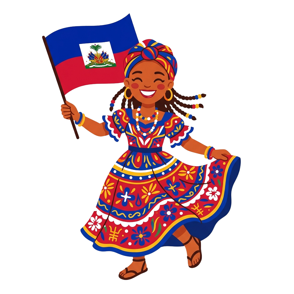 Illustration of a smiling girl in colorful traditional Haitian clothing waving the Haitian flag