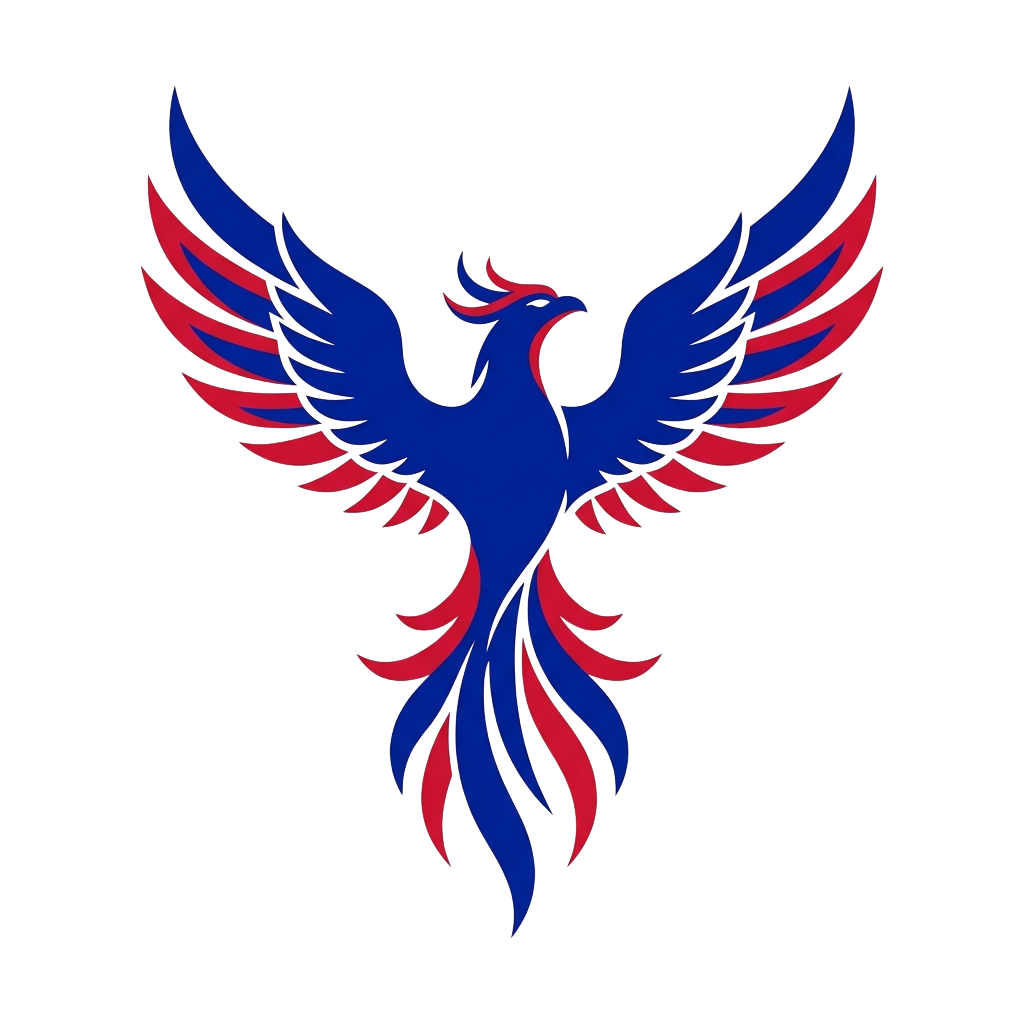 A stylized phoenix bird with blue and red wings and tail feathers, depicted in profile against a black background