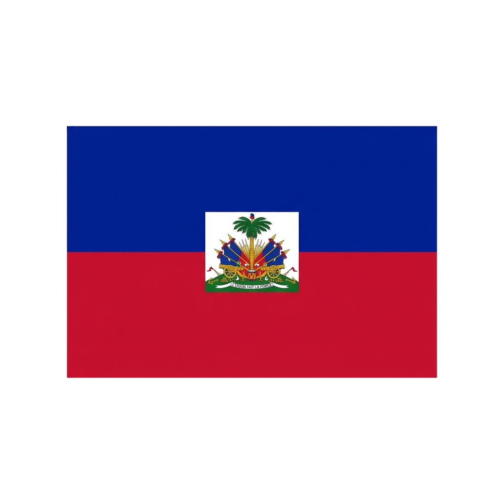 Flag of Haiti featuring blue and red horizontal stripes with the national coat of arms in the center