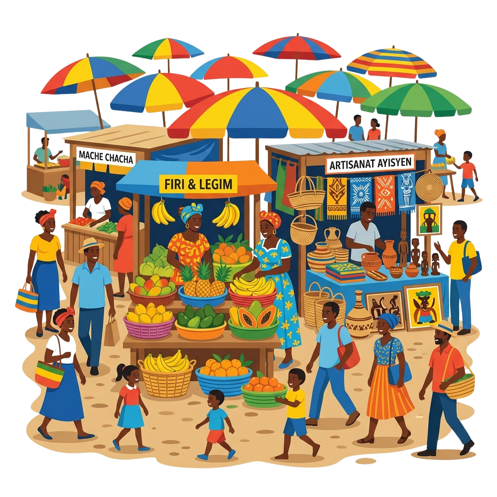 Colorful market scene with fruit vendors, artisan stalls, and people shopping under umbrellas