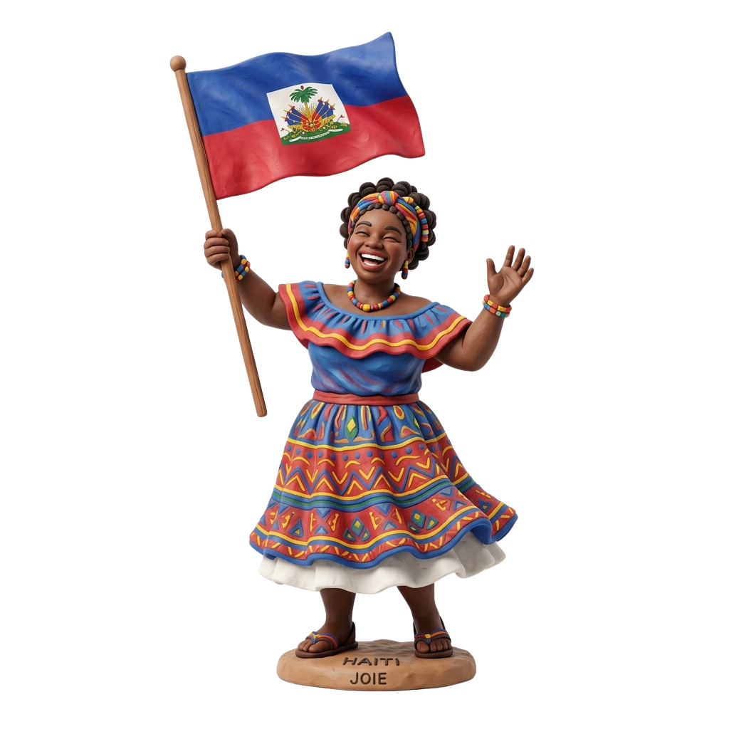 A colorful statue of a smiling person in traditional attire waving the Haitian flag, labeled Haiti Joie.