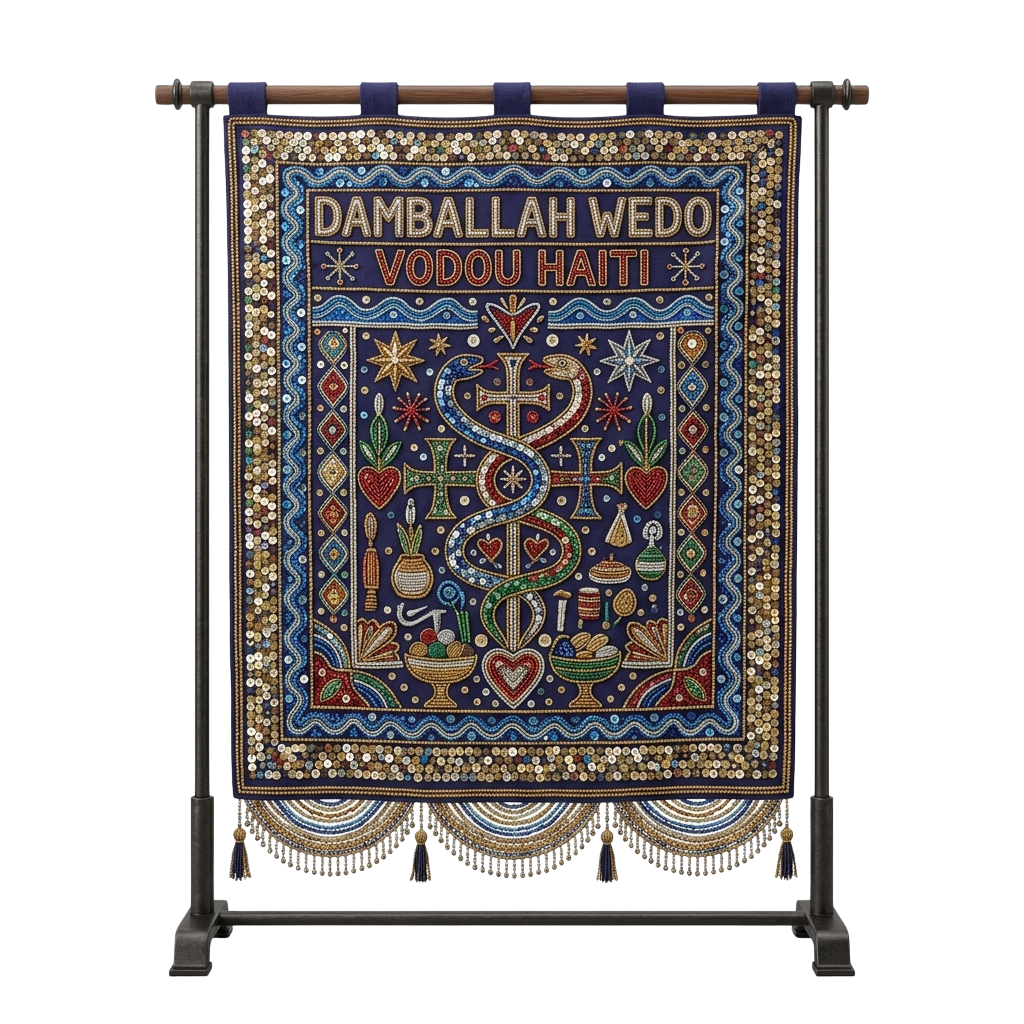 Colorful embroidered fabric depicting Damballah Wedo Vodou symbols on a wooden stand with fringe trim.