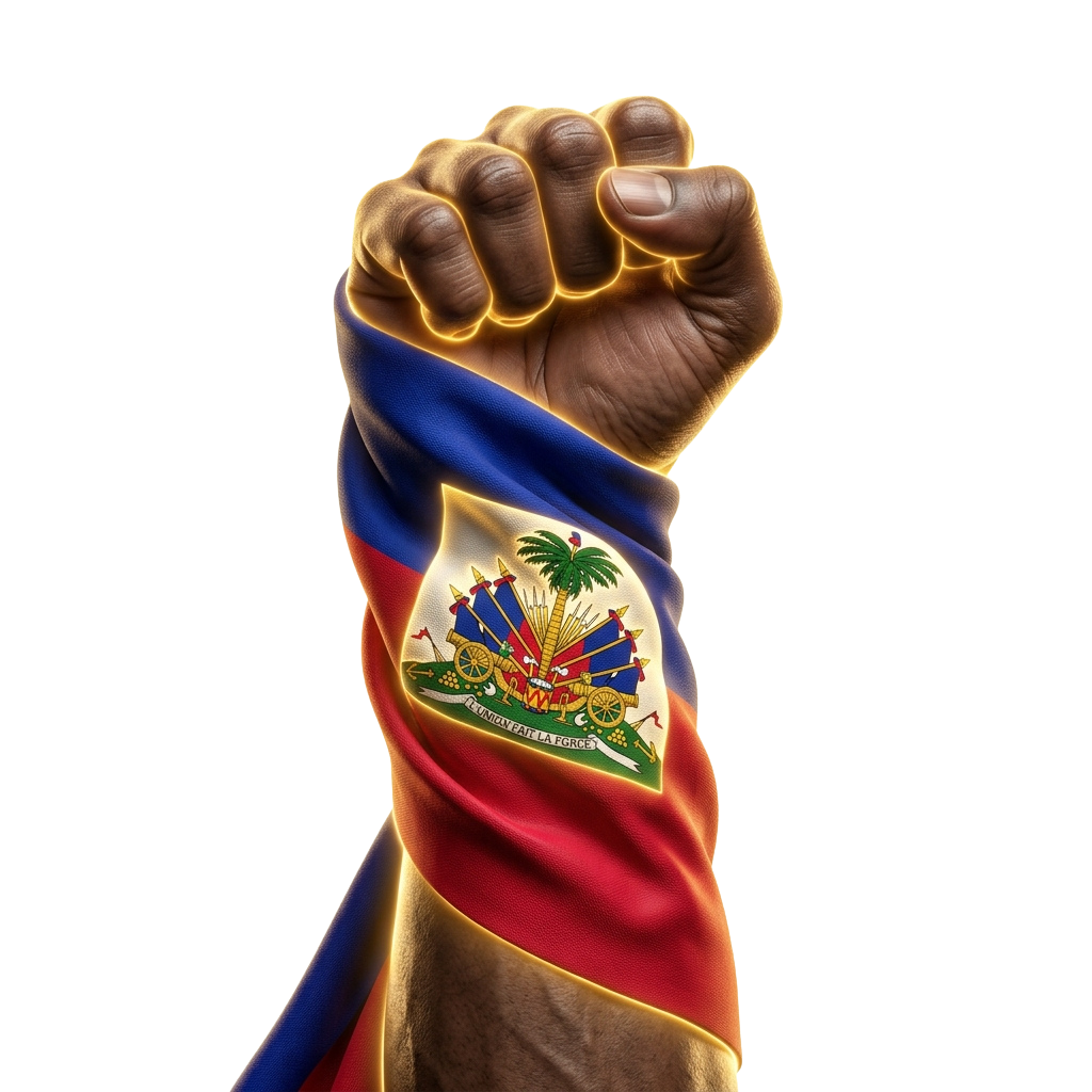 A clenched fist wrapped in the Haitian flag against a black background