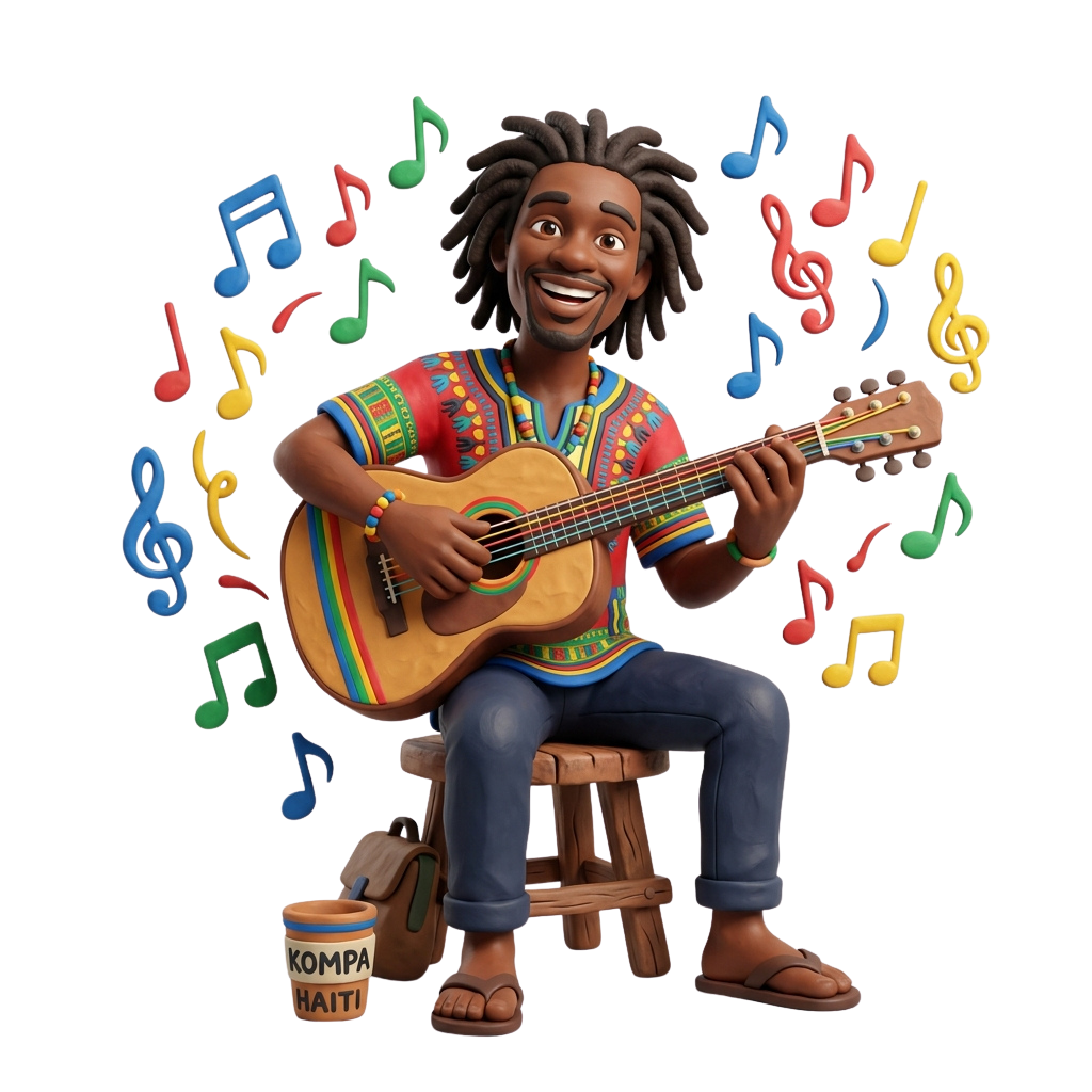 A smiling man with dreadlocks playing a colorful guitar surrounded by musical notes and treble clefs