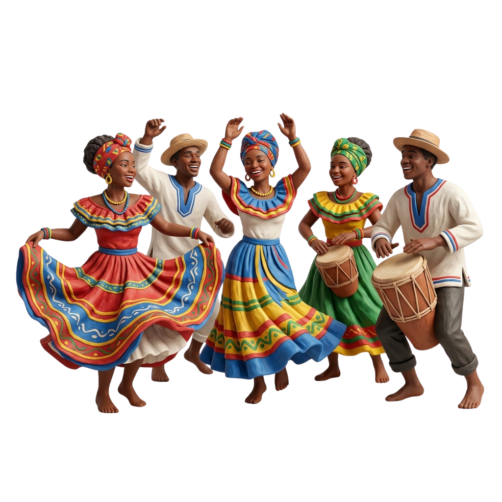 Five people dancing and playing drums in colorful traditional attire