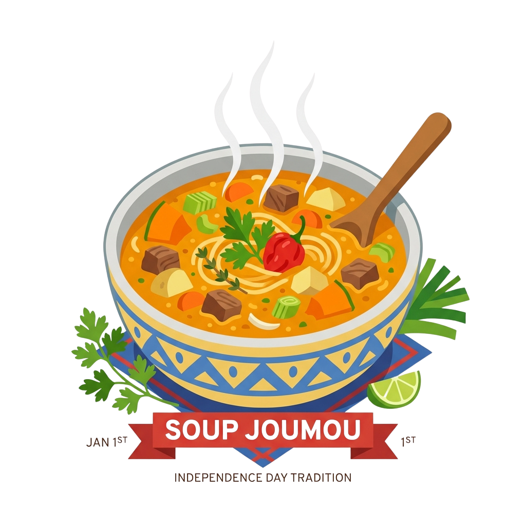 A colorful bowl of soup joumou with a wooden spoon, garnished with lime and parsley, labeled as an Independence Day tradition.