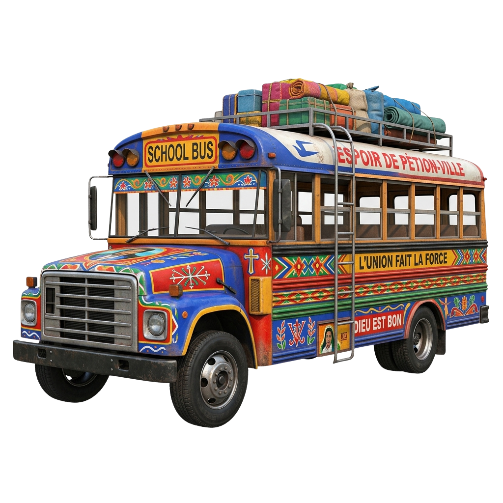 Vibrantly painted school bus with intricate designs and colorful patterns, carrying rolled mats on the roof.