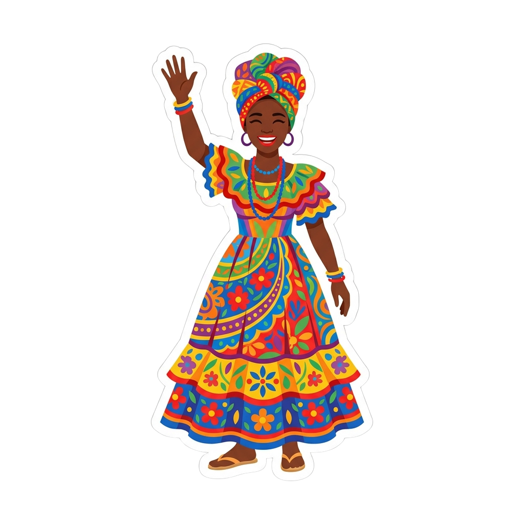 Woman in vibrant traditional patterned dress waving one hand with a cheerful expression