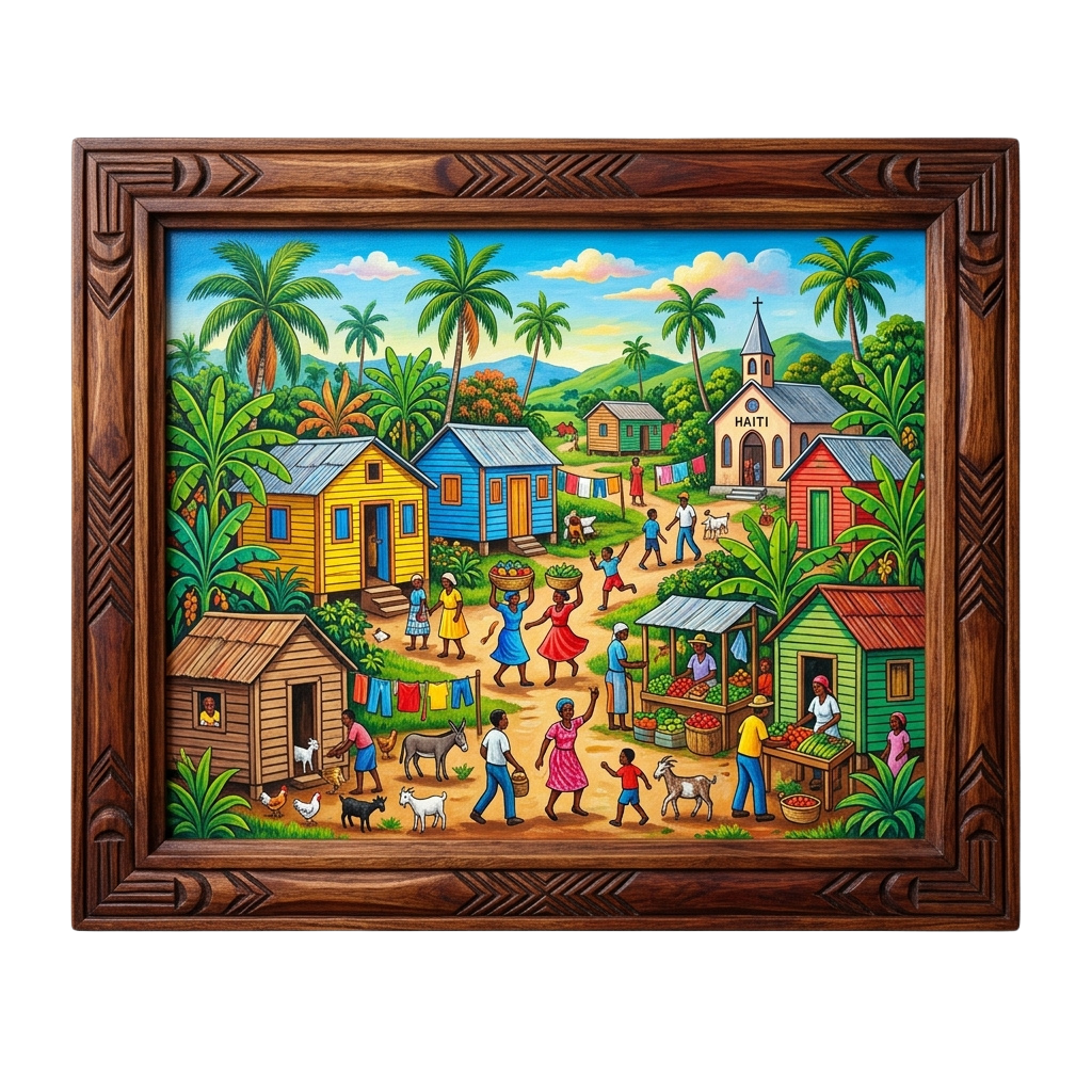 Colorful painting of a lively Caribbean village with people, houses, market stalls, and tropical plants under a blue sky