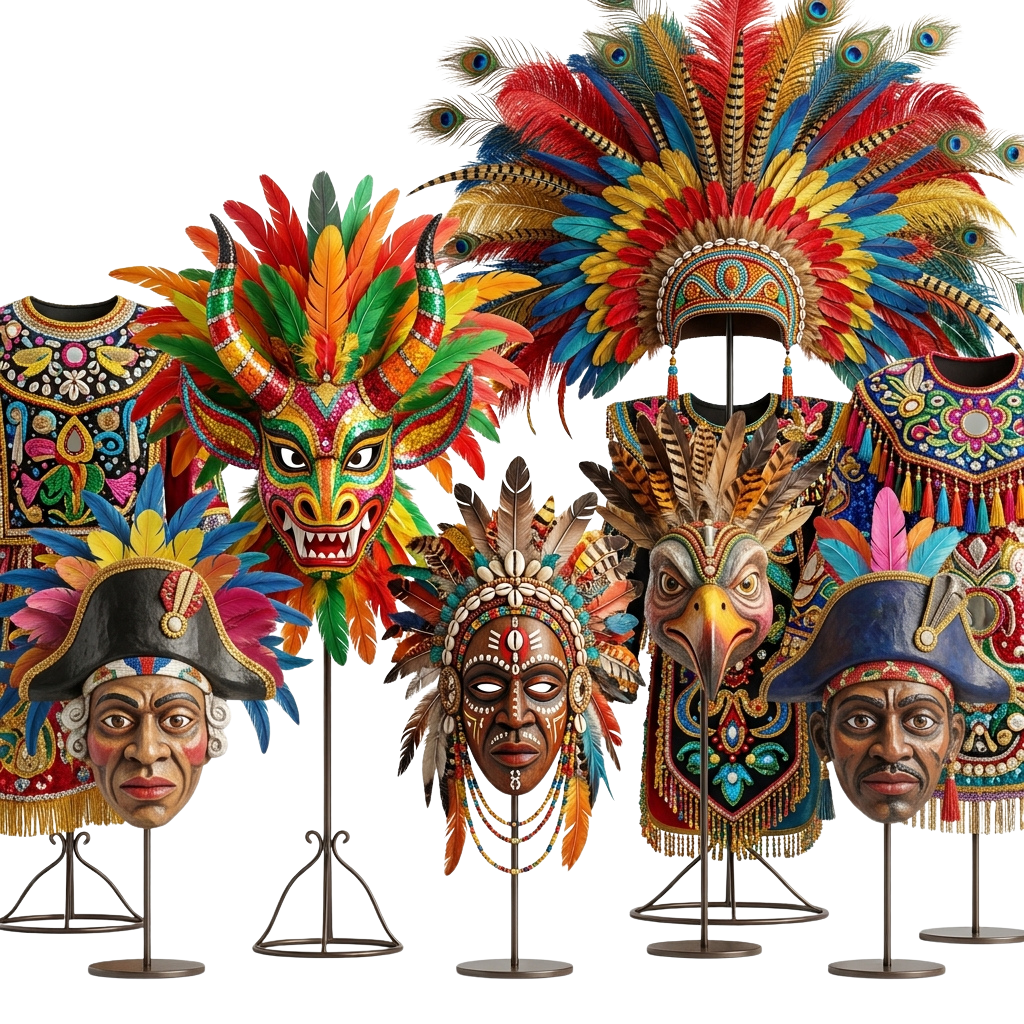 Five vibrant traditional masks and headdresses with intricate feather designs and detailed facial patterns on display.