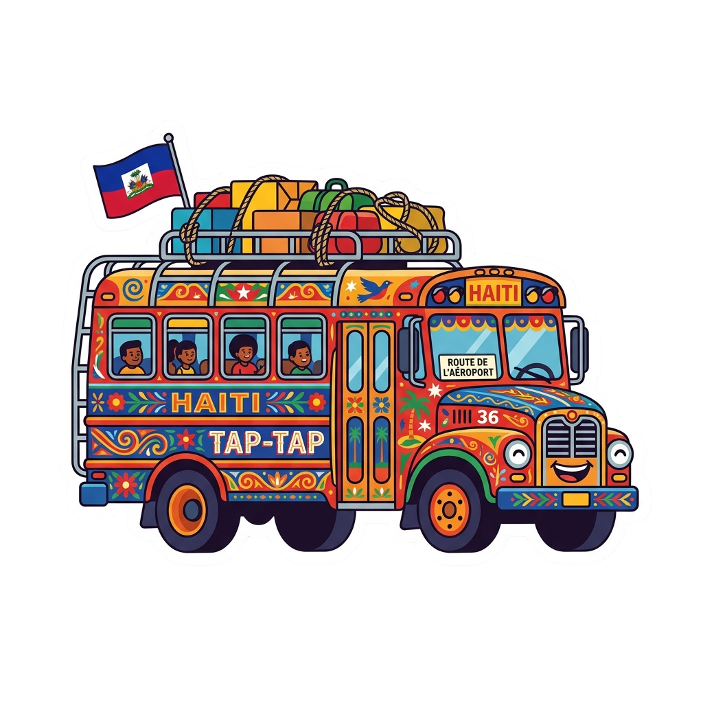Vibrant illustration of a decorated Haitian Tap Tap bus with passengers and luggage on top, waving a Haitian flag