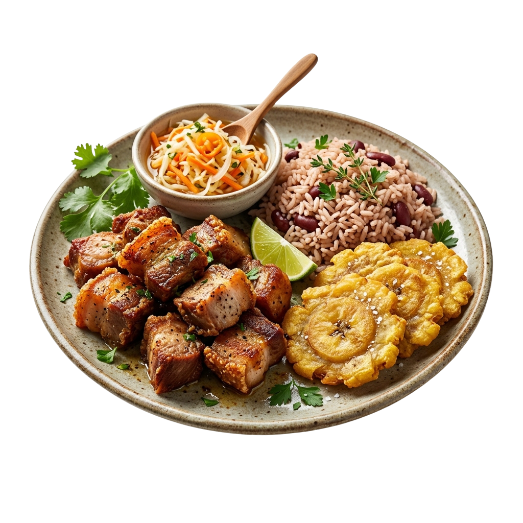 A plate with grilled chicken, pineapple slaw, rice, and a lime wedge garnished with cilantro