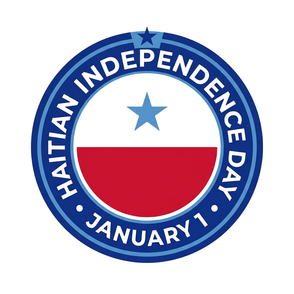 Haitian Independence Day badge featuring a blue circle with black and red flag and star