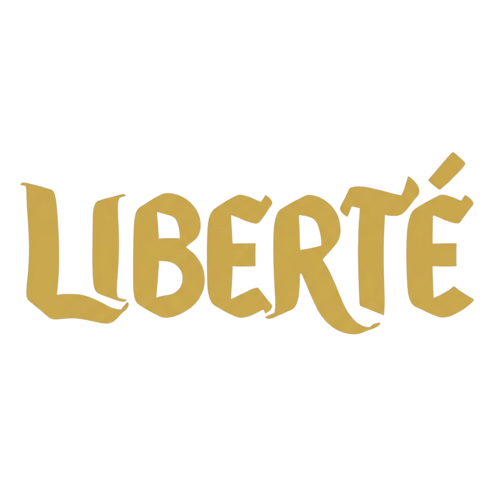 Gold stylized text spelling LIBERTÉ on a black background