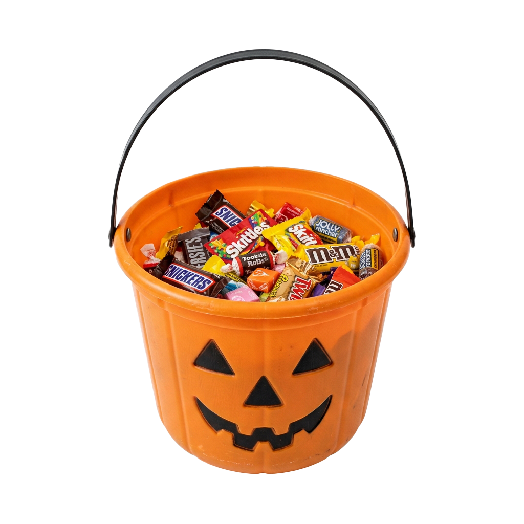 Orange pumpkin-shaped bucket filled with colorful candy bars and chocolates, handle on top