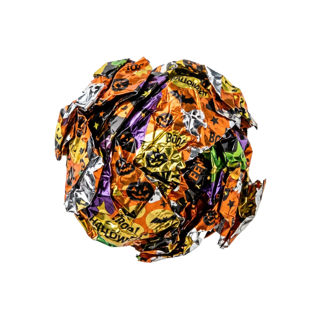 A crumpled ball of foil-wrapped Halloween-themed candy against a black background