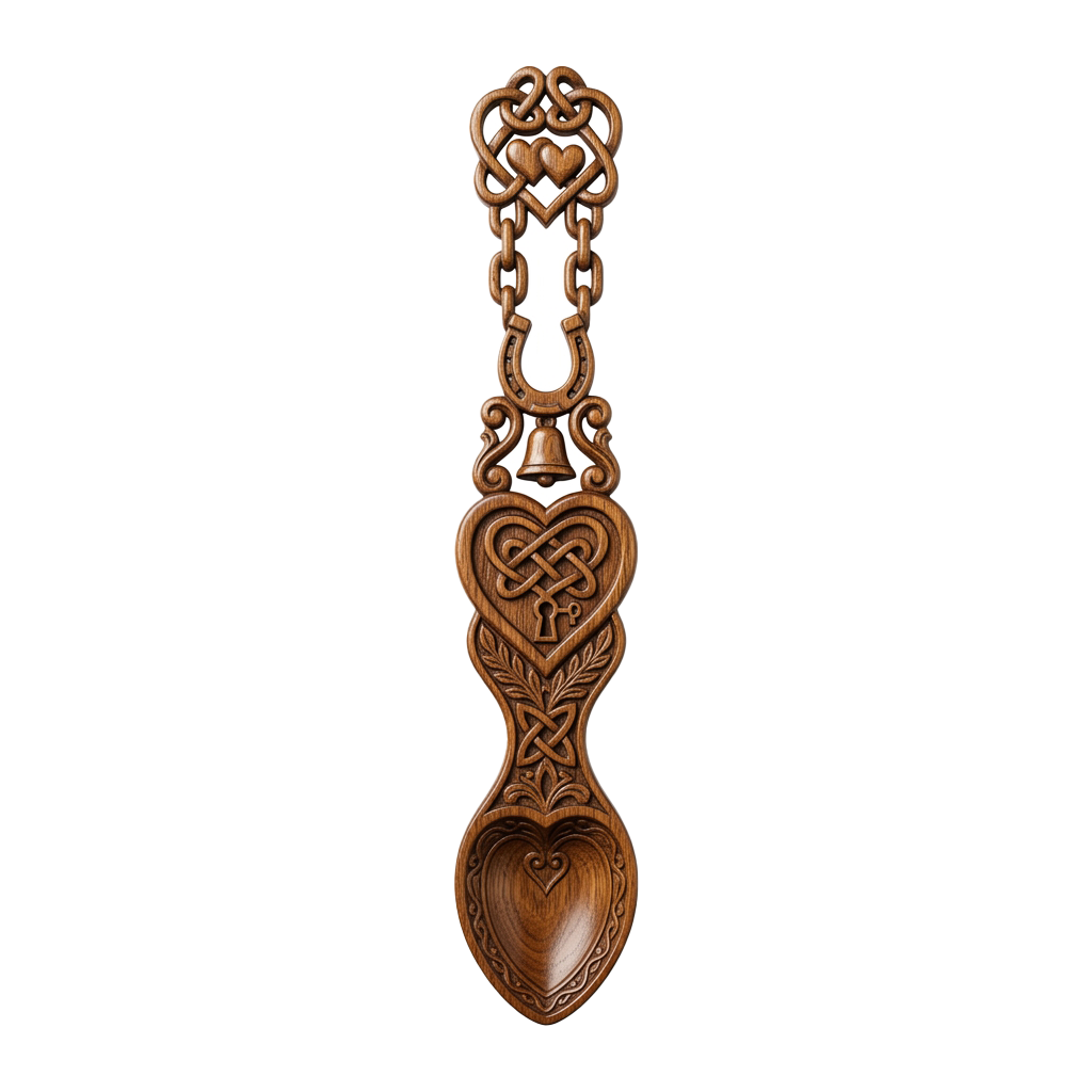 Intricate wooden spoon featuring Celtic knot patterns and heart motifs
