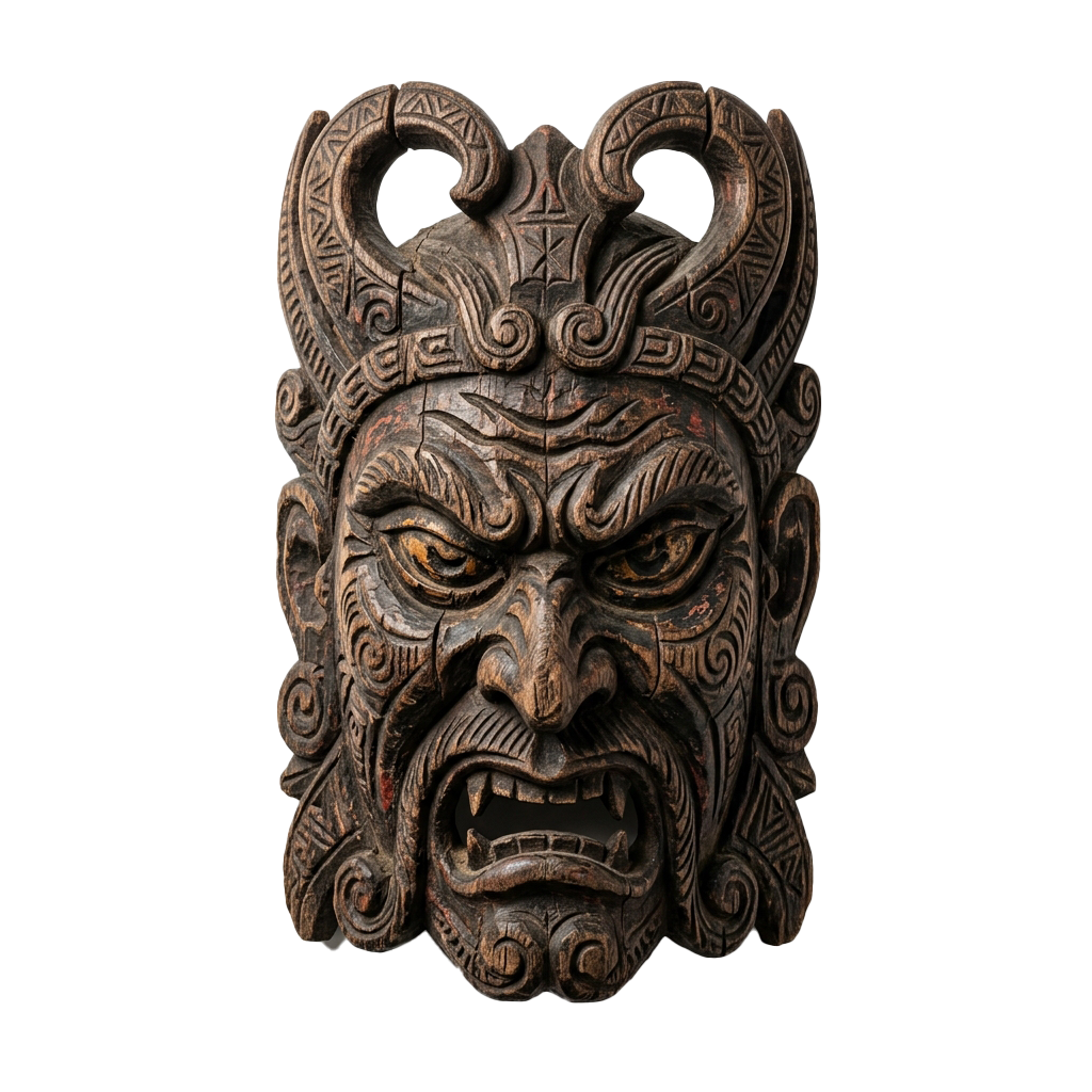 Intricate wooden carving of a fierce Maori face with detailed patterns and expressive features