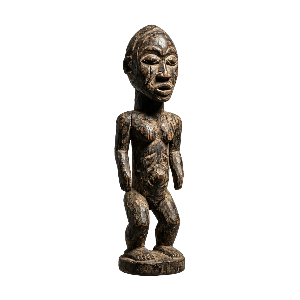 Wooden statue of a standing human figure with abstract facial features and muscular torso