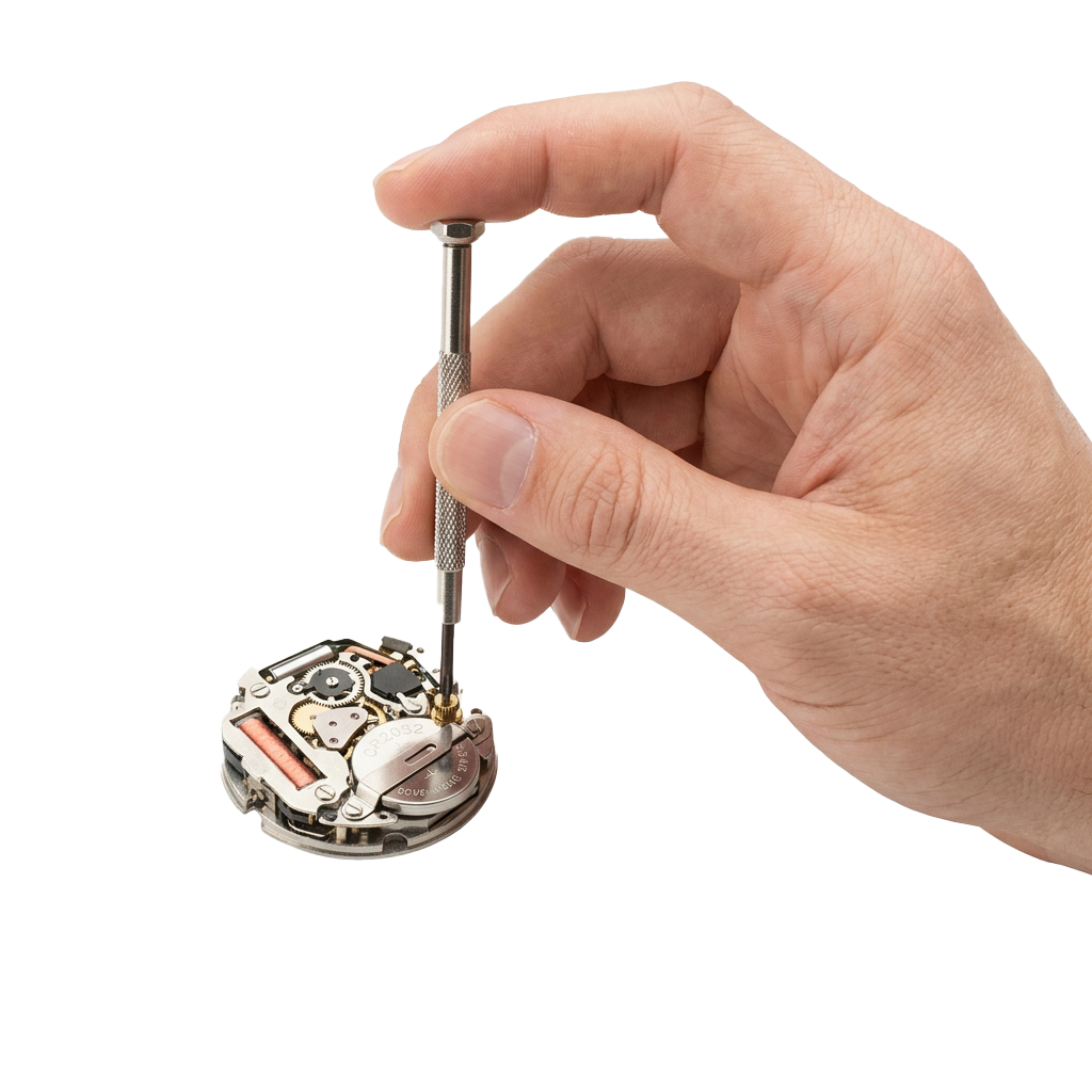 Hand adjusting a mechanical watch movement with a specialized tool
