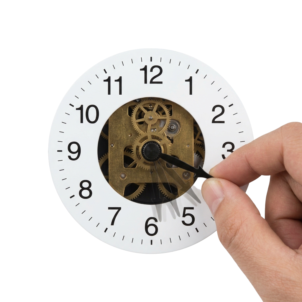 A hand pointing at a steampunk-style clock with exposed gears at the center, showing time around 10:10.