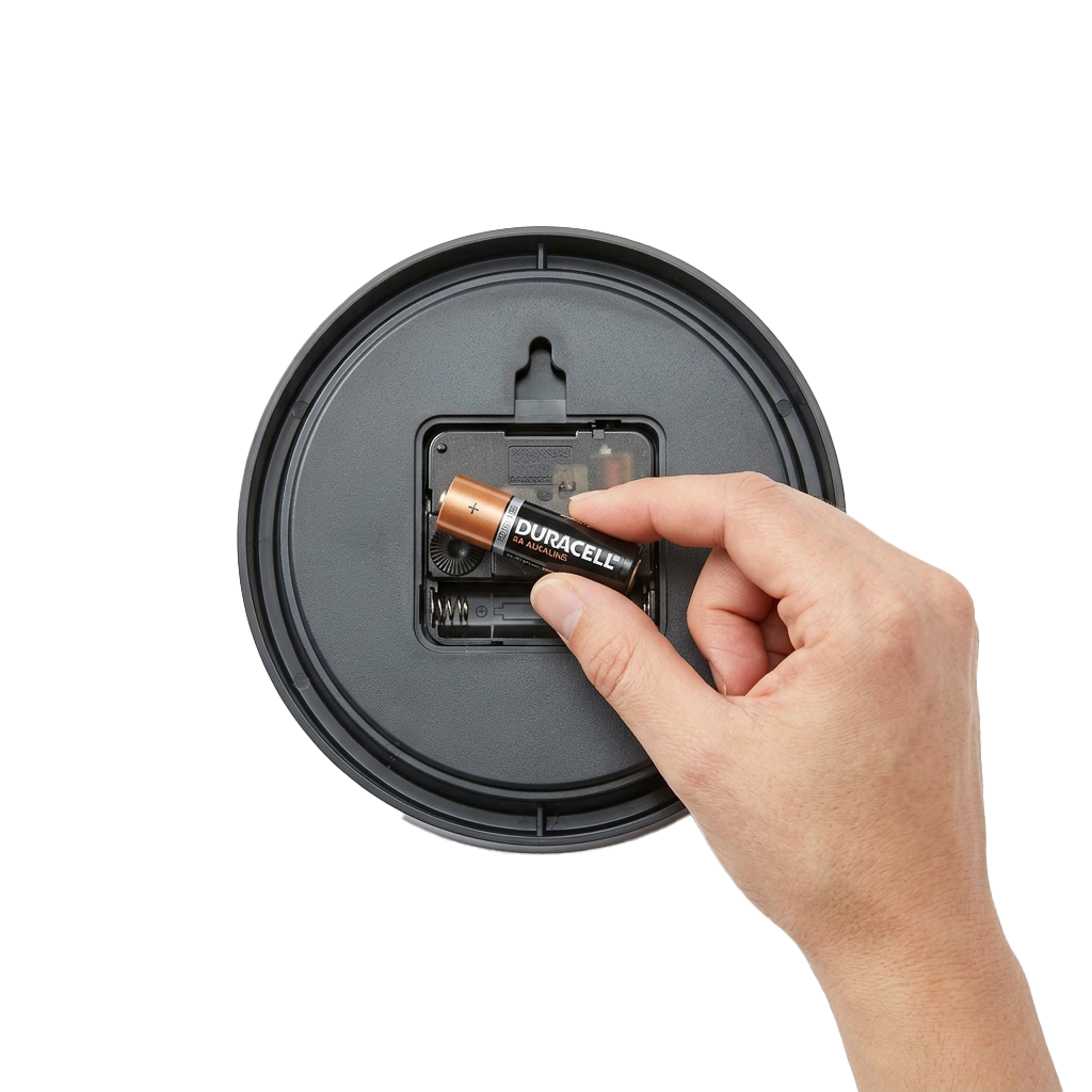 Hand inserting a Duracell rechargeable battery into a robot vacuum battery compartment