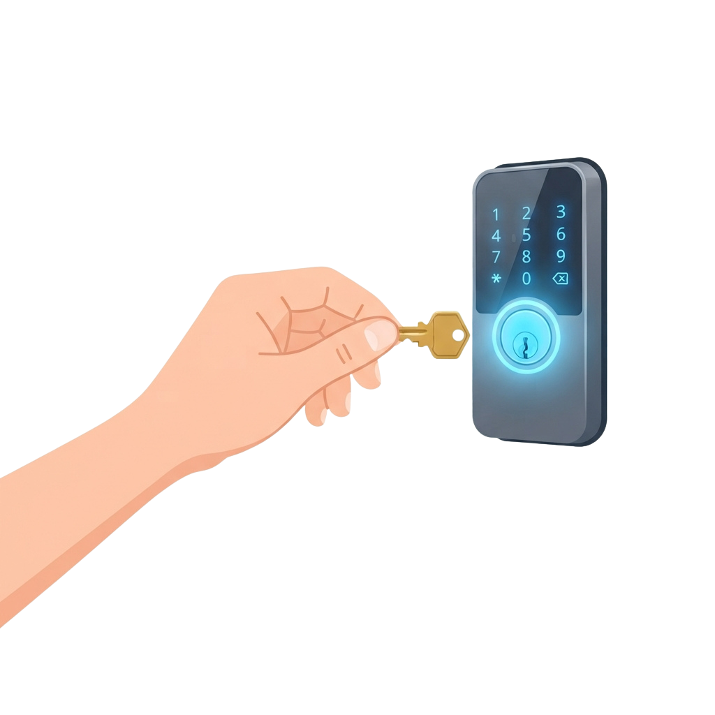 Hand holding a key towards a digital keypad lock with illuminated buttons