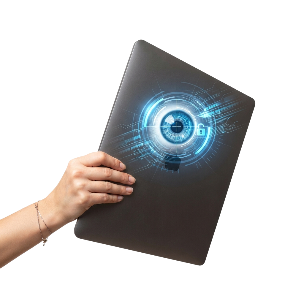 Hand holding a laptop displaying a futuristic eye with a lock symbol and digital circuit lines.