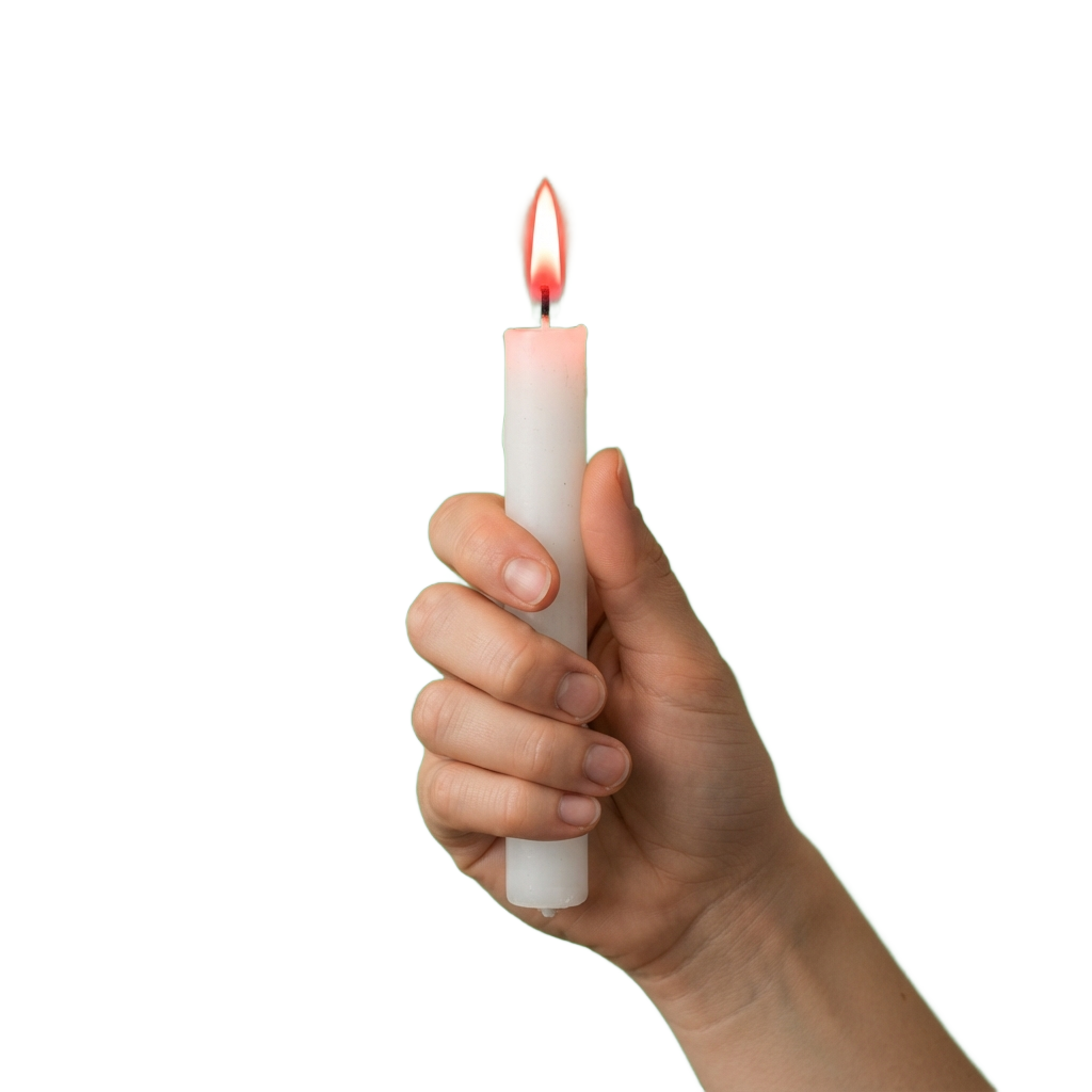 A hand holding a lit white candle with a small flame at the top
