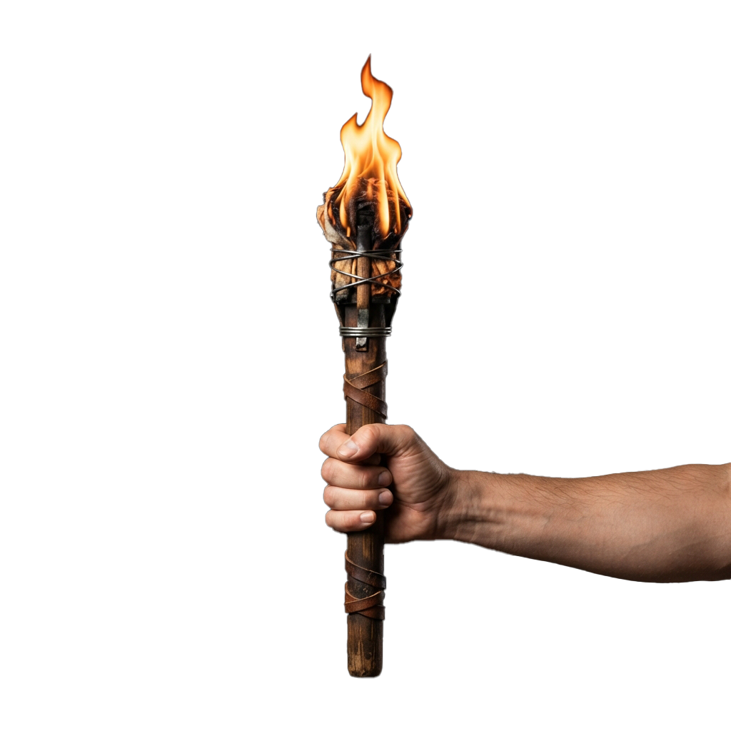 A hand holding a lit Olympic torch with bright orange and yellow flames.