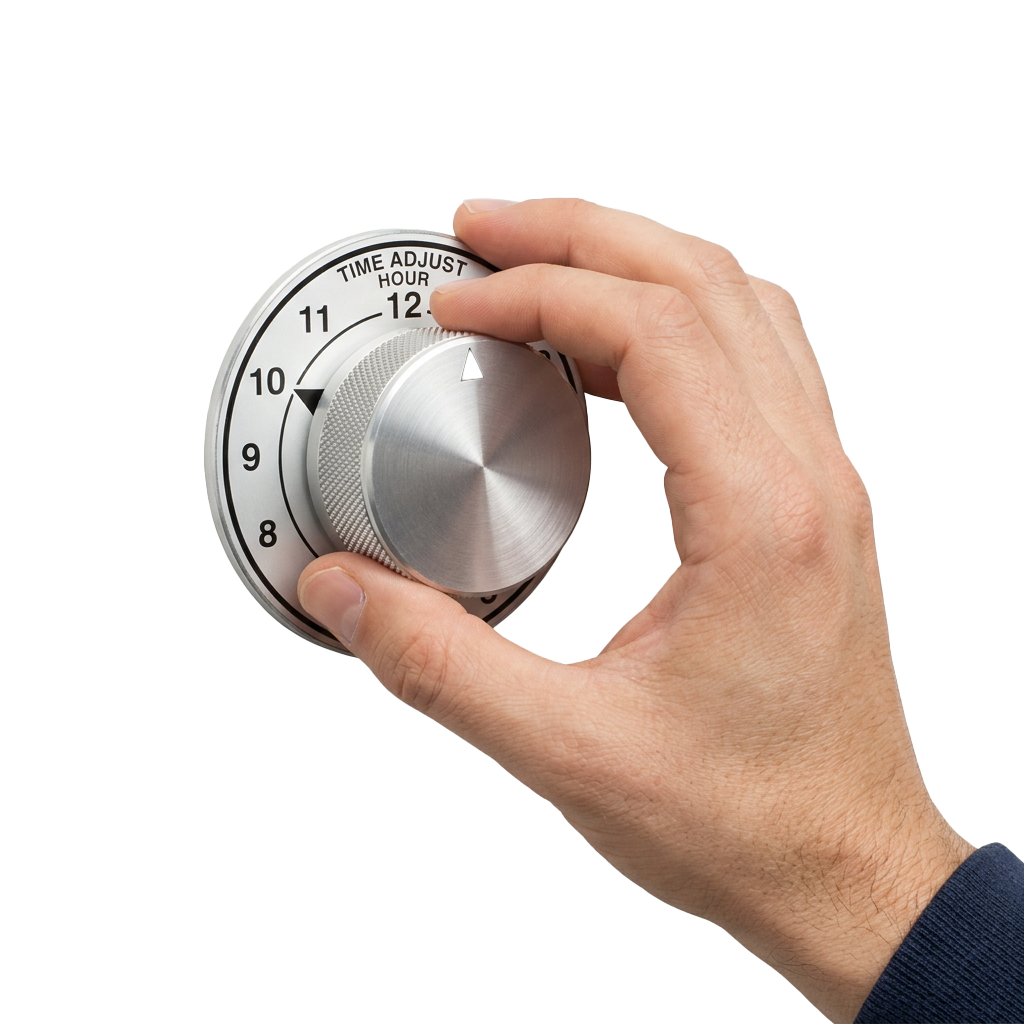 Hand adjusting a thermostat time control knob set to hour 10