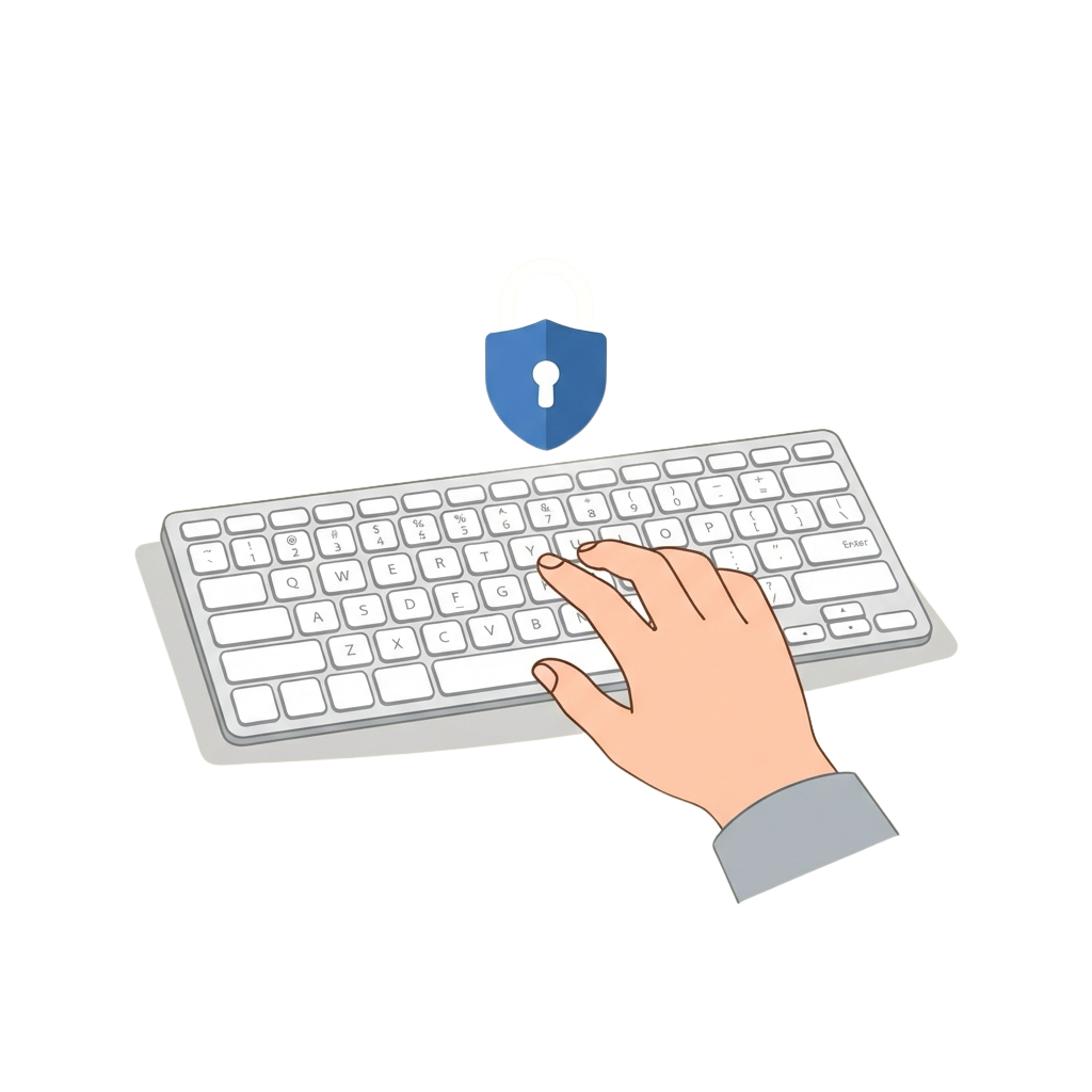 A hand typing on a keyboard with a blue lock symbol above it indicating security.