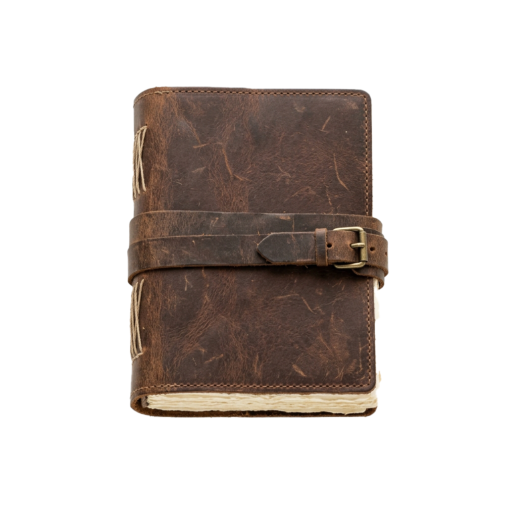 A brown leather-bound journal with a tan interior edge and a brown leather strap fastened with a buckle closure.