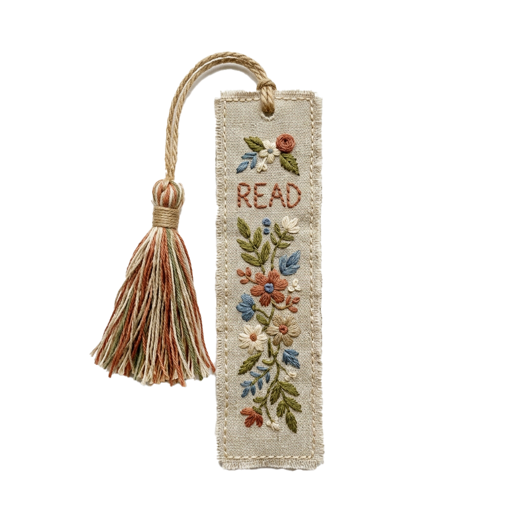 Fabric bookmark with embroidered flowers and the word READ, attached to a tassel.