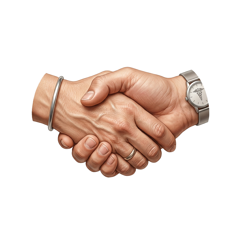 Two people shaking hands in a firm handshake against a black background
