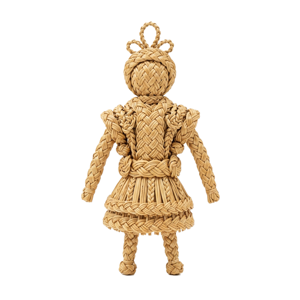 A small braided doll made from light brown rope-like material with a loop at the top.