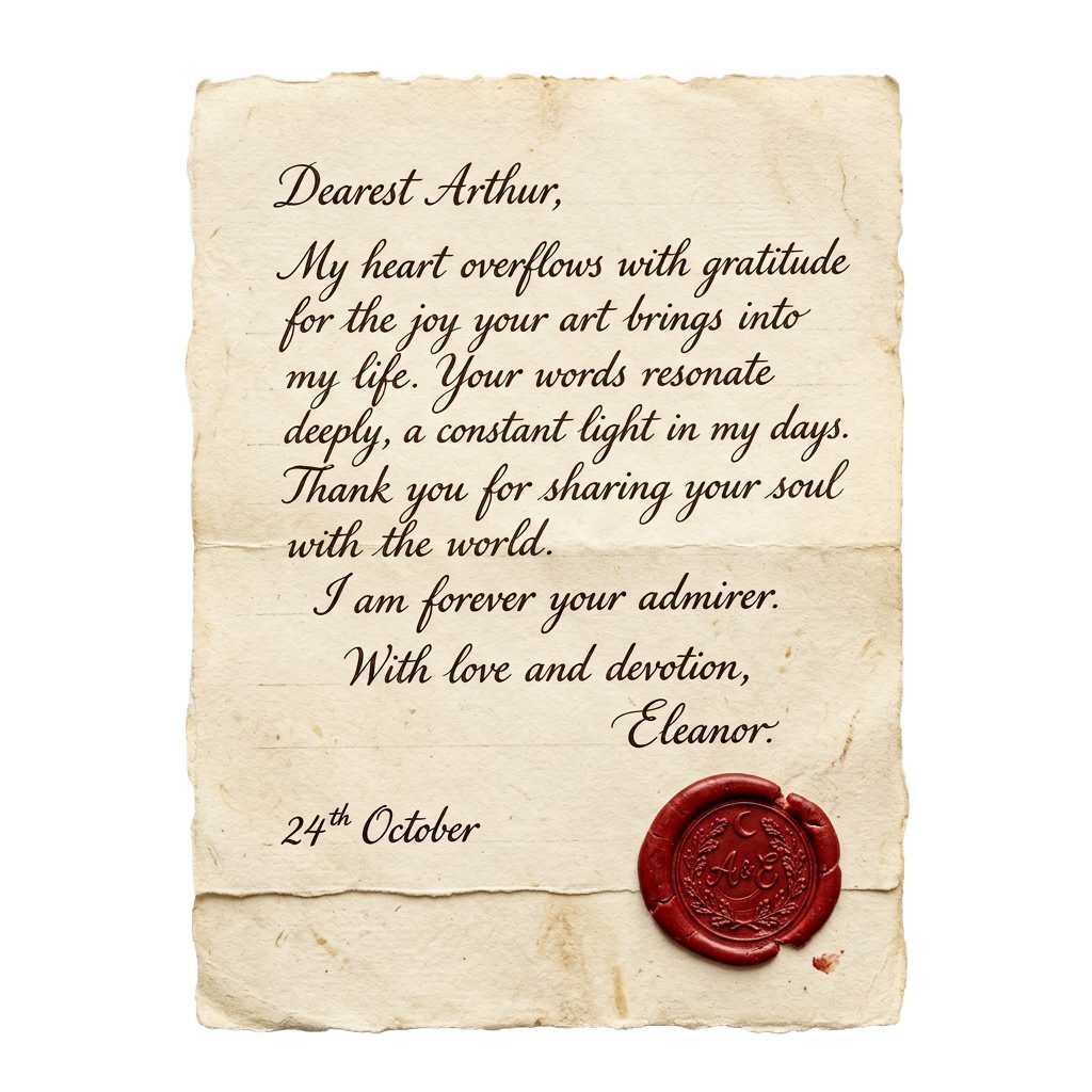 Aged parchment letter expressing gratitude to an artist, dated 24th October, with a wax seal at the bottom.