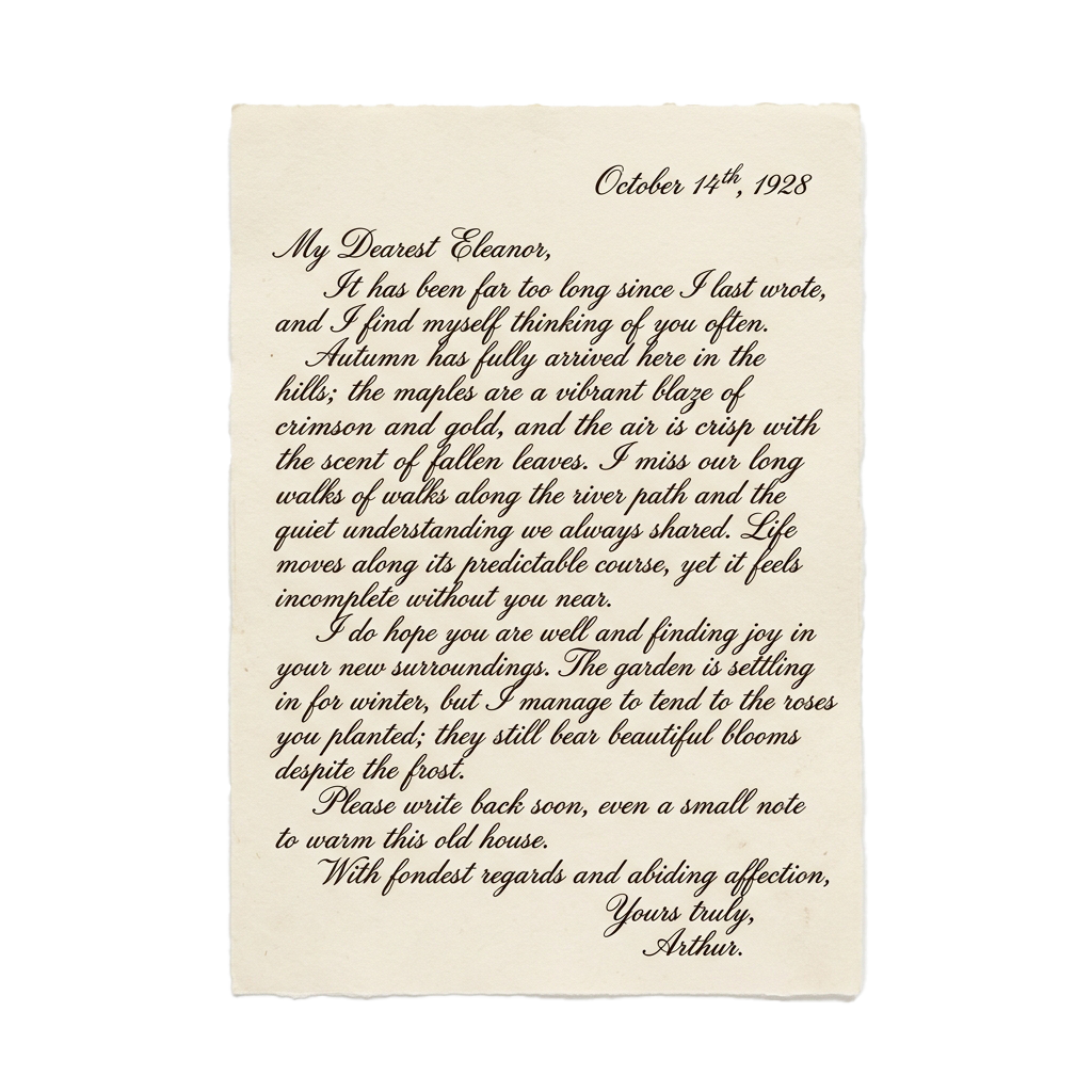 Aged letter on parchment paper describing autumn scenery and longing for a loved one, dated October 14th, 1928