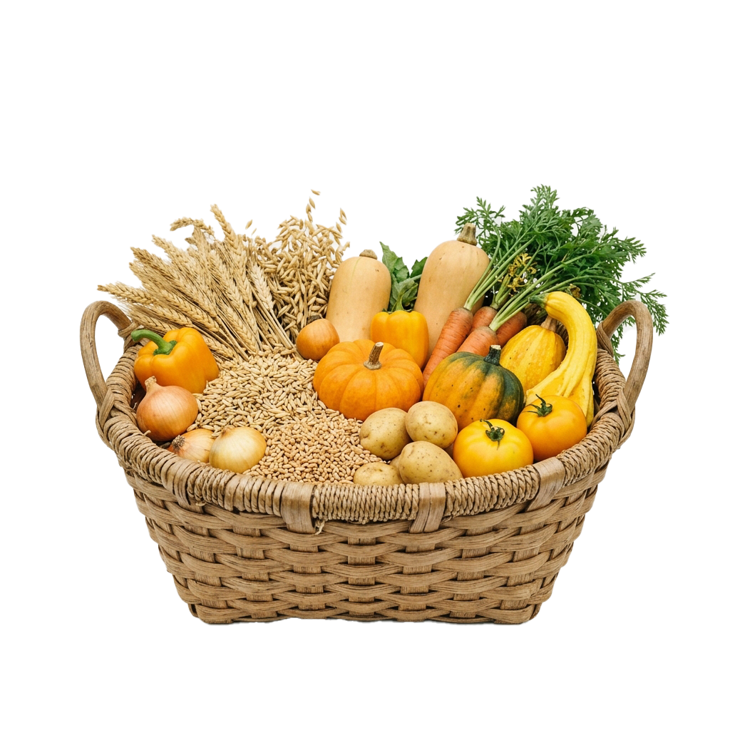 A wicker basket containing a variety of fall vegetables, grains, and herbs.