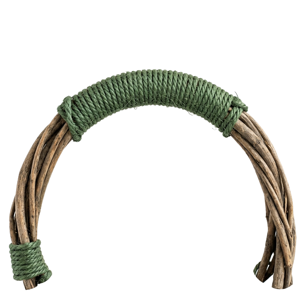 A handcrafted headband made from woven natural fibers and green twine.