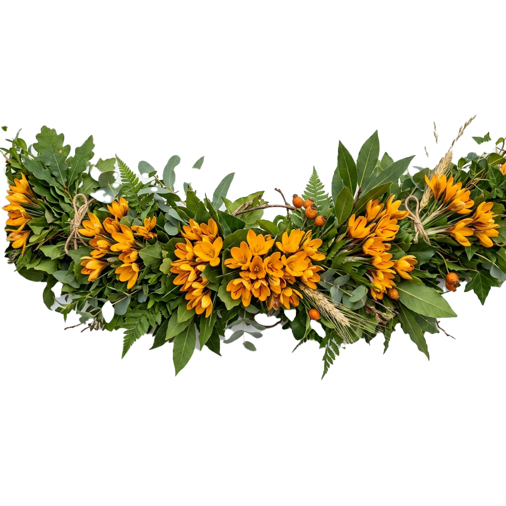 A vibrant bouquet of orange marigold flowers with green leaves arranged together