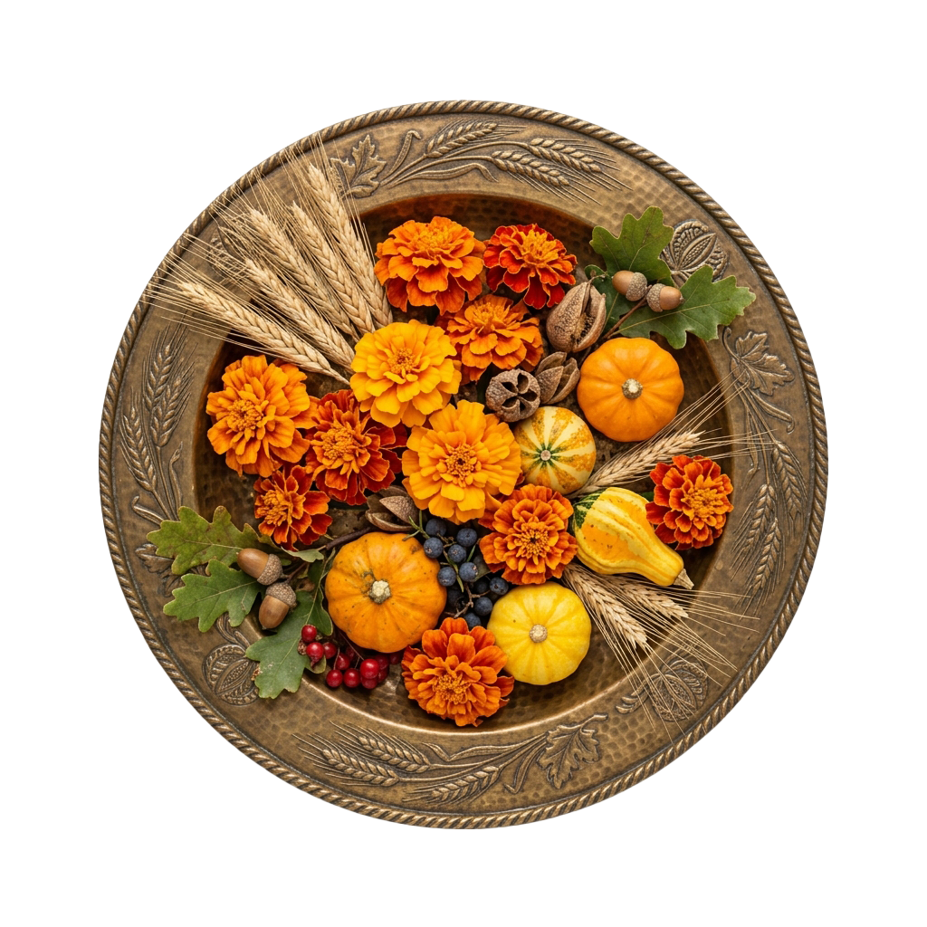Decorative autumn harvest bowl featuring pumpkins, flowers, acorns, and wheat stalks on a rustic metal tray