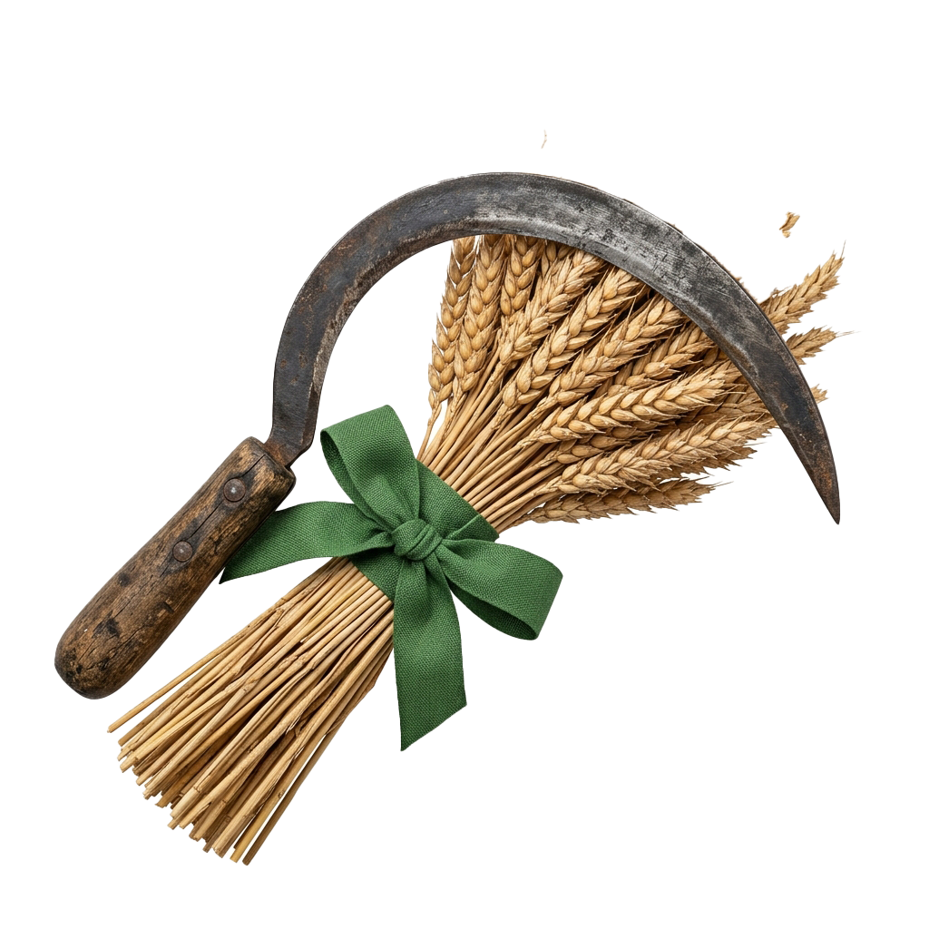 A rustic scythe with a sheaf of wheat and a green ribbon tied around the handle