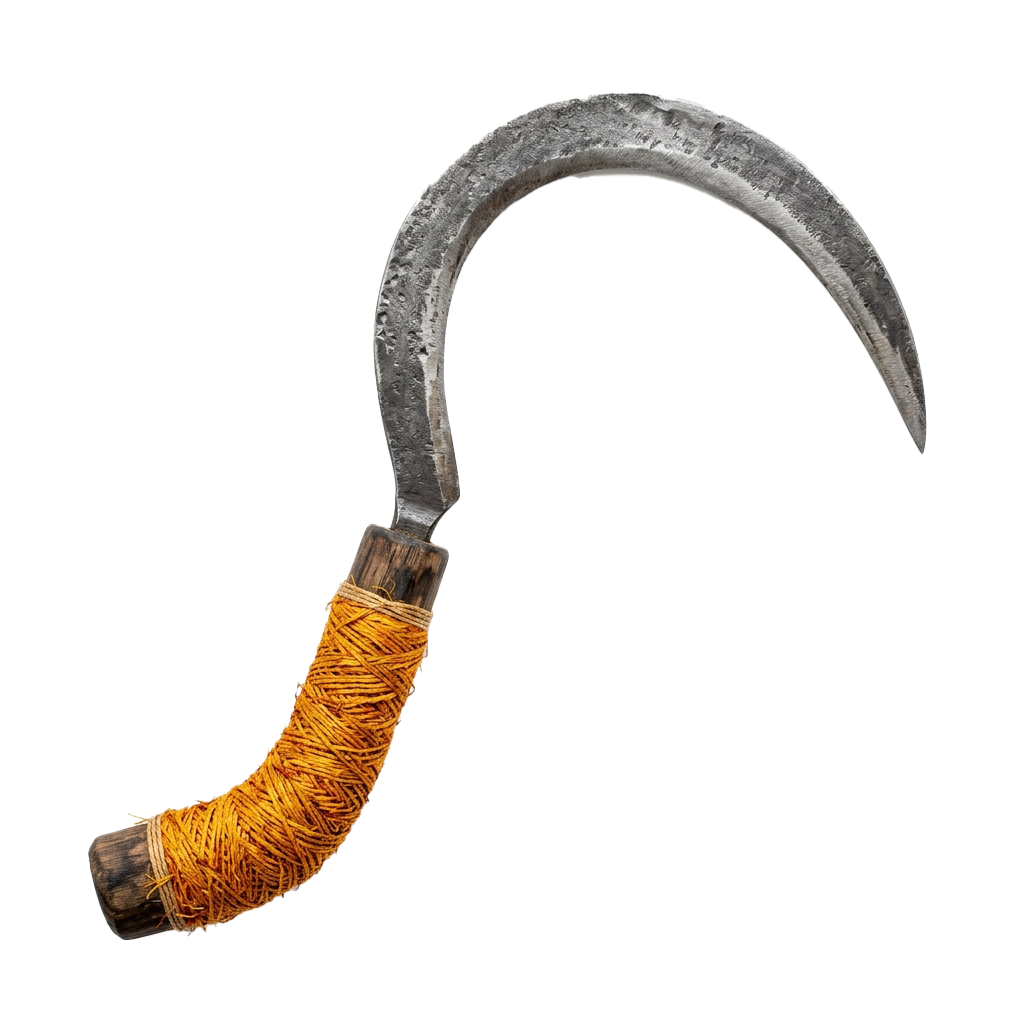 A curved metal sickle with a wooden handle wrapped in orange yarn against a black background