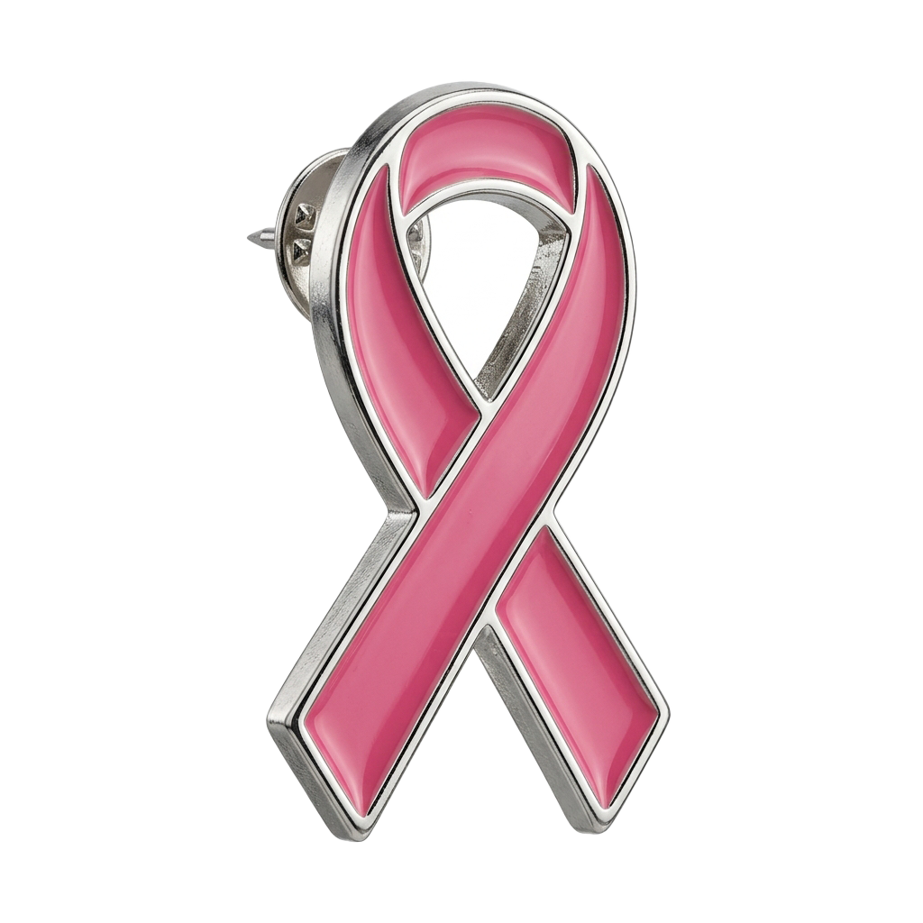 Shiny metal pin featuring a pink awareness ribbon with silver edges